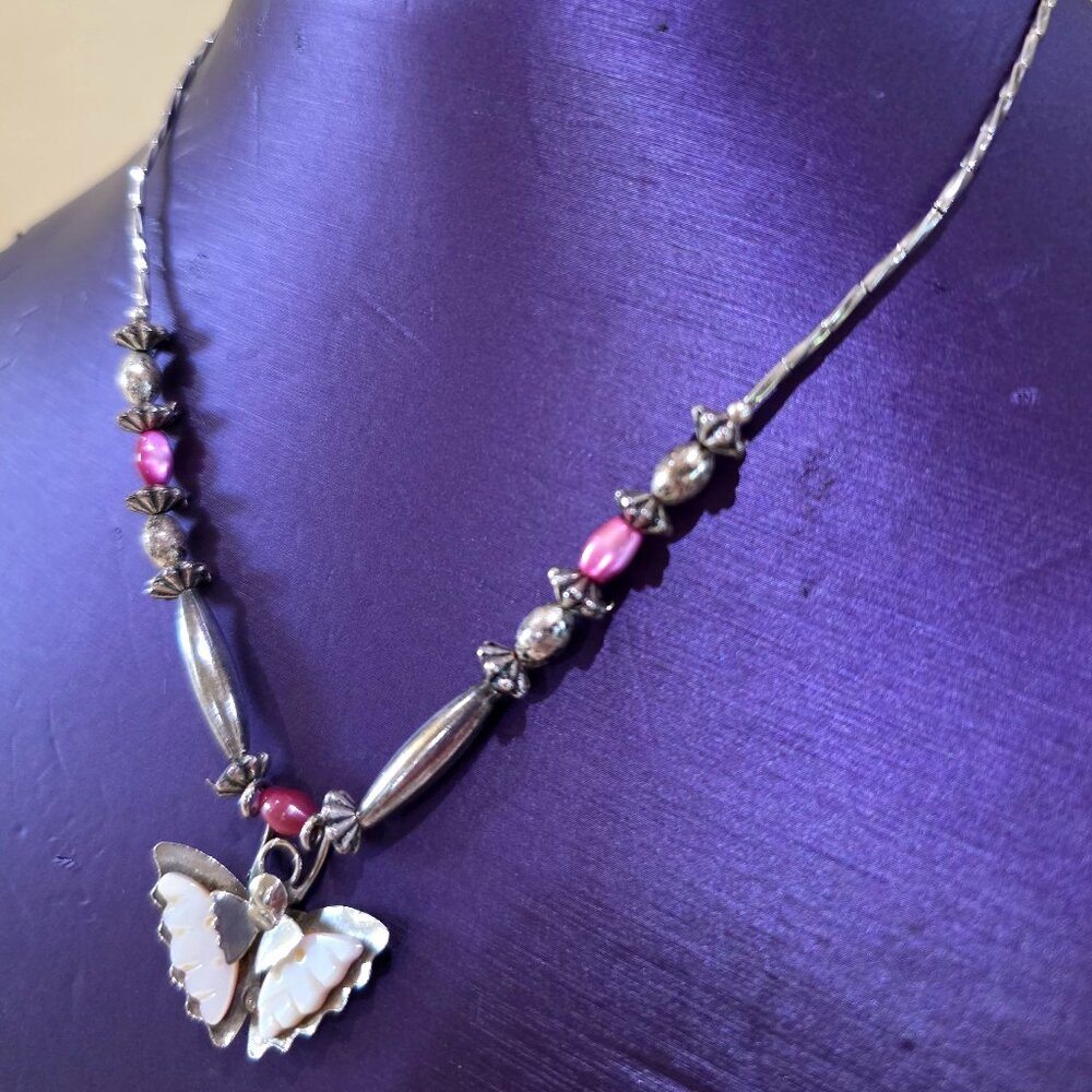 1980's Soutwestern Handmade MOP Butterfly Pendant Pink Silver Beaded Necklace